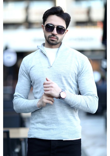 Erkek Dik Yaka Yarım Fermuarlı Triko Kazak Gri - 517 fırsatları