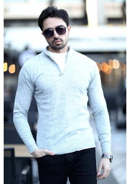 Erkek Dik Yaka Yarım Fermuarlı Triko Kazak Gri - 517 indirimleri