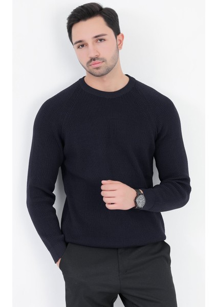Erkek Bisiklet Yaka Triko Kazak Lacivert Italyan Kol Örgü Desen Mikro Flament - 1002