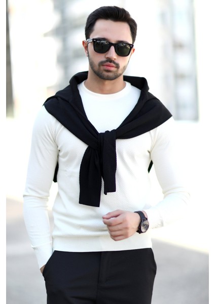 Erkek Pirinç Örgü Kazak Beyaz Bisiklet Yaka Triko %100 Mikro Flament - 1005