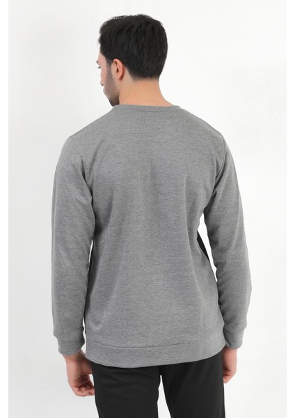 Erkek Füme Siyah Parçalı Baskılı Bisiklet Yaka Pamuklu Regular Fit Sweatshirt - 0343 modelleri