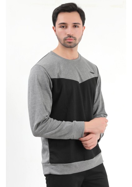 Erkek Füme Siyah Parçalı Baskılı Bisiklet Yaka Pamuklu Regular Fit Sweatshirt - 0343 fırsatları