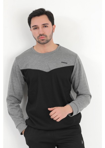 Erkek Füme Siyah Parçalı Baskılı Bisiklet Yaka Pamuklu Regular Fit Sweatshirt - 0343 indirimleri
