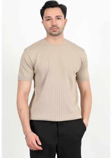 Erkek Bisiklet Yaka Kısa Kol Fitilli Triko T-Shirt Bej - 2502
