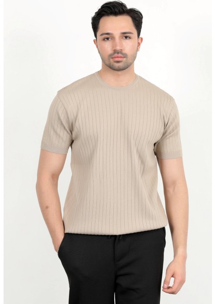 Erkek Bisiklet Yaka Kısa Kol Fitilli Triko T-Shirt Bej - 2502