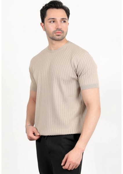 Erkek Bisiklet Yaka Kısa Kol Fitilli Triko T-Shirt Bej - 2502