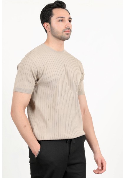 Erkek Bisiklet Yaka Kısa Kol Fitilli Triko T-Shirt Bej - 2502