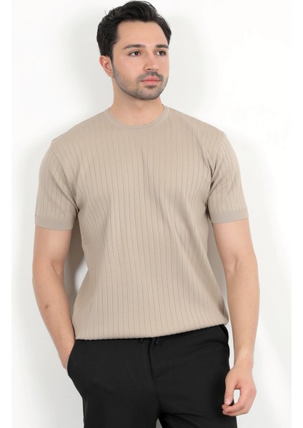 Erkek Bisiklet Yaka Kısa Kol Fitilli Triko T-Shirt Bej - 2502
