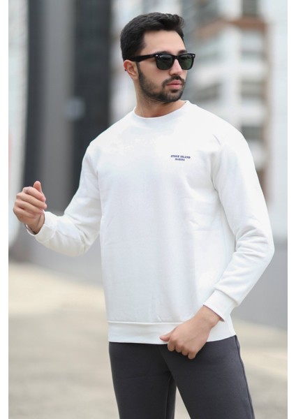 Erkek Kışlık Sweatshirt Beyaz Üç Iplik Şardonlu O Yaka Ribanalı Regularfit Baskılı - 5012-1-1