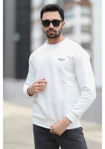 Erkek Kışlık Sweatshirt Beyaz Üç Iplik Şardonlu O Yaka Ribanalı Regularfit Baskılı - 5012-1-1 fiyatları