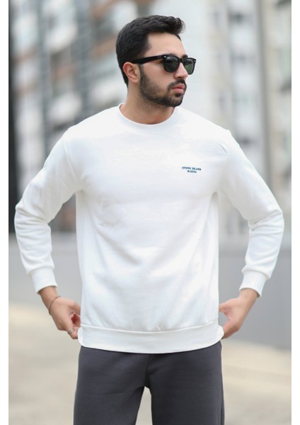 Erkek Kışlık Sweatshirt Beyaz Üç Iplik Şardonlu O Yaka Ribanalı Regularfit Baskılı - 5012-1-1 fırsatları