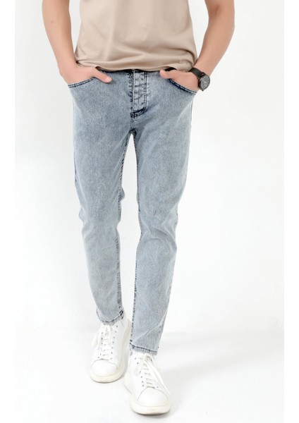 Erkek Skinny Jean Mavi Kar Yıkama Düğme Kapamalı Likralı Kot Pantolon - 5602 indirimleri