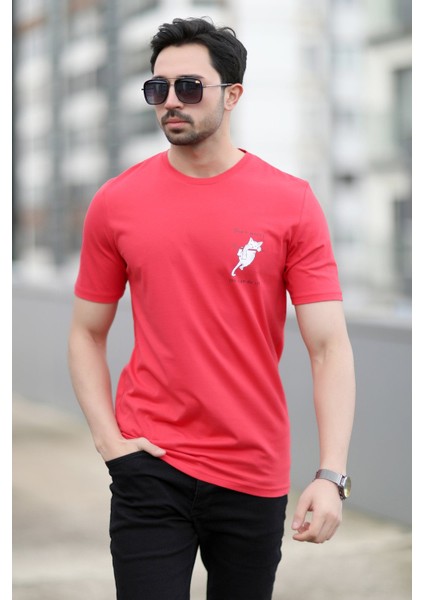 Erkek Bisiklet Yaka Kedi Dijital Baskılı T-Shirt Kırmızı - 2020-3