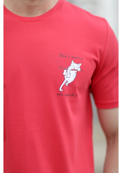Erkek Bisiklet Yaka Kedi Dijital Baskılı T-Shirt Kırmızı - 2020-3