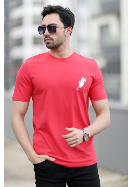 Erkek Bisiklet Yaka Kedi Dijital Baskılı T-Shirt Kırmızı - 2020-3
