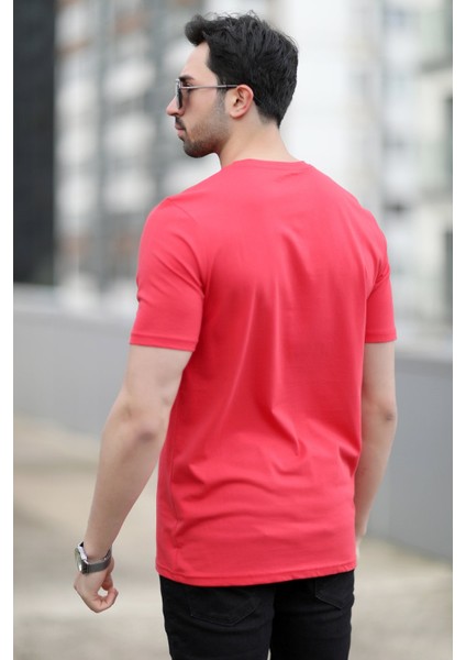 Erkek Bisiklet Yaka Kedi Dijital Baskılı T-Shirt Kırmızı - 2020-3