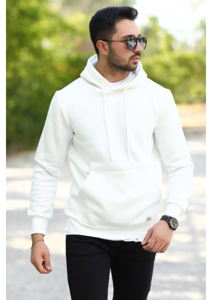 Beyaz Erkek Kapüşonlu Sweatshirt Kanguru Cepli Pamuk Karışımlı Oversize Hoodie - 5281