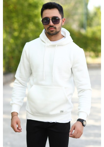 Beyaz Erkek Kapüşonlu Sweatshirt Kanguru Cepli Pamuk Karışımlı Oversize Hoodie - 5281 fiyatları