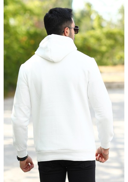 Beyaz Erkek Kapüşonlu Sweatshirt Kanguru Cepli Pamuk Karışımlı Oversize Hoodie - 5281 modelleri