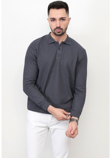 Erkek Polo Yaka Sweatshirt Füme Selanik Örgü Pamuk Karışım Ribanalı Düğme Kapama - 5739