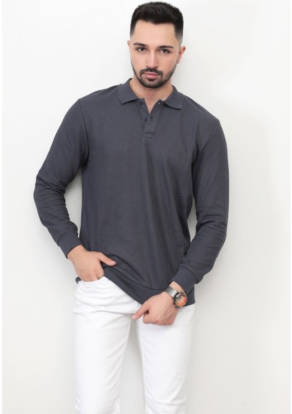 Erkek Polo Yaka Sweatshirt Füme Selanik Örgü Pamuk Karışım Ribanalı Düğme Kapama - 5739