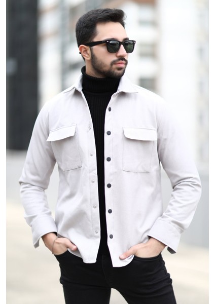 Erkek Gömlek Ceket Açık Gri Hafif Kumaş Çift Cepli Çıtçıt Kapama - 16815