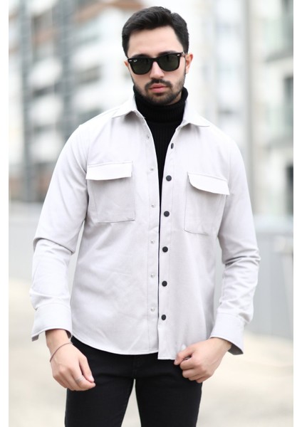 Erkek Gömlek Ceket Açık Gri Hafif Kumaş Çift Cepli Çıtçıt Kapama - 16815 indirimleri