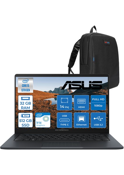 Expertbook B1 B1403CVA Intel Core I5-1334U 32GB Ddr5 512GB SSD Intel Iris x Graphics 14" Fhd LED 300NITS Windows 11 Pro Taşınabilir Bilgisayar B1403CVAH09 + Zettaçanta