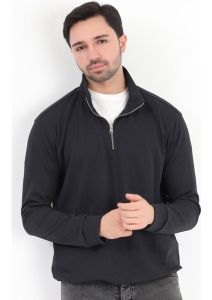 Erkek Lacivert Dik Yaka Yarım Fermuarlı Esnek Örme Regular Fit Sweatshirt - 16814