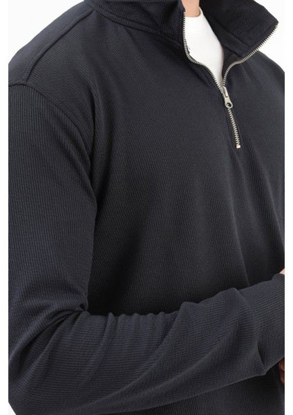 Erkek Lacivert Dik Yaka Yarım Fermuarlı Esnek Örme Regular Fit Sweatshirt - 16814 fiyatları