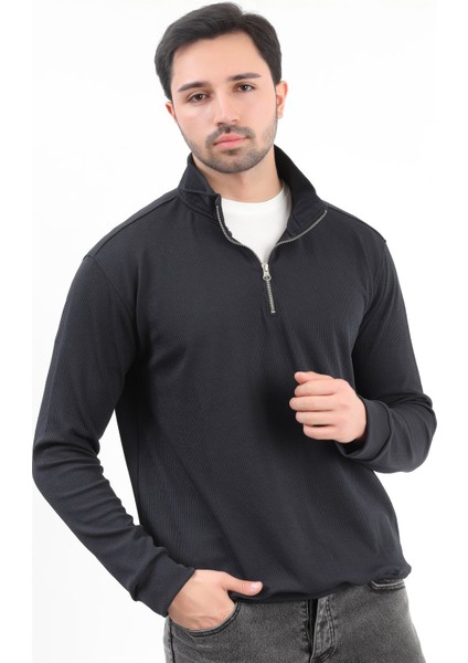 Erkek Lacivert Dik Yaka Yarım Fermuarlı Esnek Örme Regular Fit Sweatshirt - 16814 modelleri