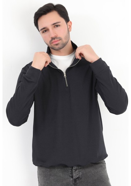 Erkek Lacivert Dik Yaka Yarım Fermuarlı Esnek Örme Regular Fit Sweatshirt - 16814 fırsatları