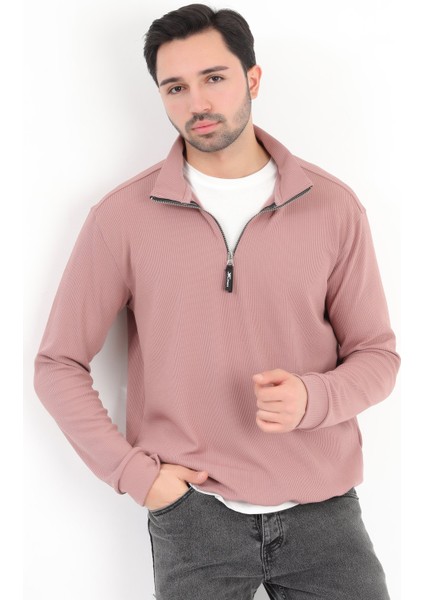 Erkek Pudra Dik Yaka Yarım Fermuarlı Esnek Örme Regular Fit Sweatshirt - 16814
