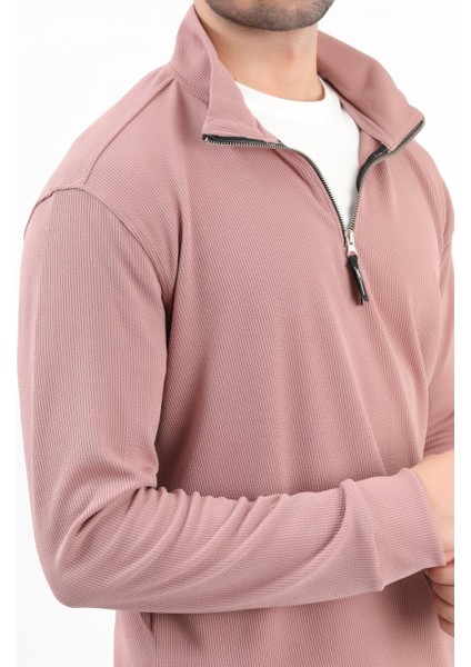 Erkek Pudra Dik Yaka Yarım Fermuarlı Esnek Örme Regular Fit Sweatshirt - 16814 fiyatları