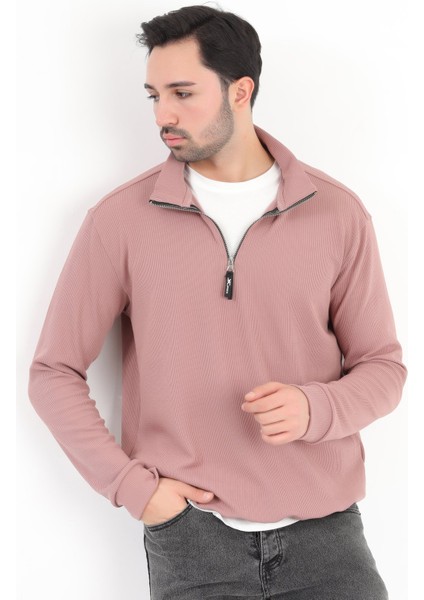 Erkek Pudra Dik Yaka Yarım Fermuarlı Esnek Örme Regular Fit Sweatshirt - 16814 modelleri