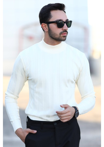 John Borners Erkek Yarım Balıkçı Yaka Fitilli Triko Beyaz %100 Mikro Flament - 1046