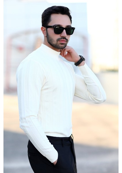 John Borners Erkek Yarım Balıkçı Yaka Fitilli Triko Beyaz %100 Mikro Flament - 1046 modelleri