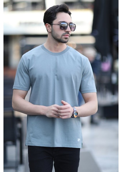 Erkek Bisiklet Yaka Regular Fit Pamuklu T-Shirt Açık Haki - 5446