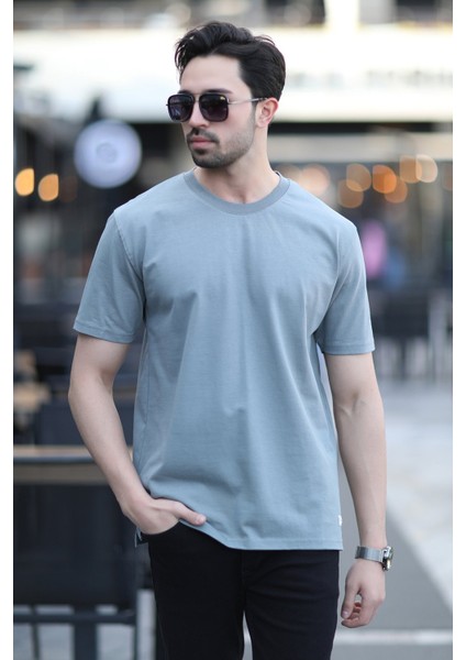 Erkek Bisiklet Yaka Regular Fit Pamuklu T-Shirt Açık Haki - 5446