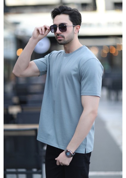 Erkek Bisiklet Yaka Regular Fit Pamuklu T-Shirt Açık Haki - 5446