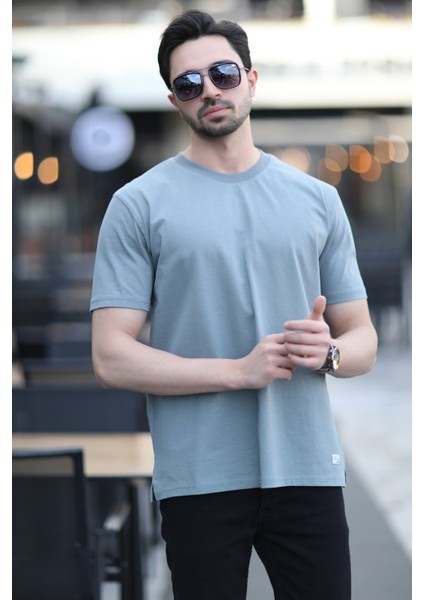 Erkek Bisiklet Yaka Regular Fit Pamuklu T-Shirt Açık Haki - 5446