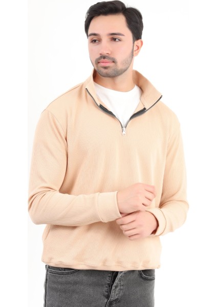 Erkek Bej Dik Yaka Yarım Fermuarlı Esnek Örme Regular Fit Sweatshirt - 16814
