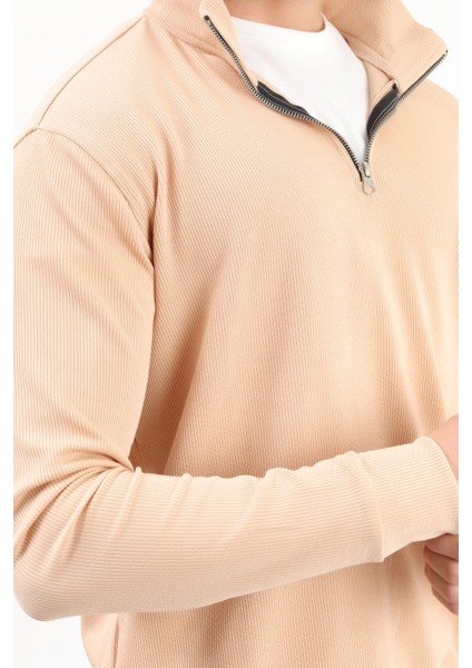 Erkek Bej Dik Yaka Yarım Fermuarlı Esnek Örme Regular Fit Sweatshirt - 16814 fiyatları
