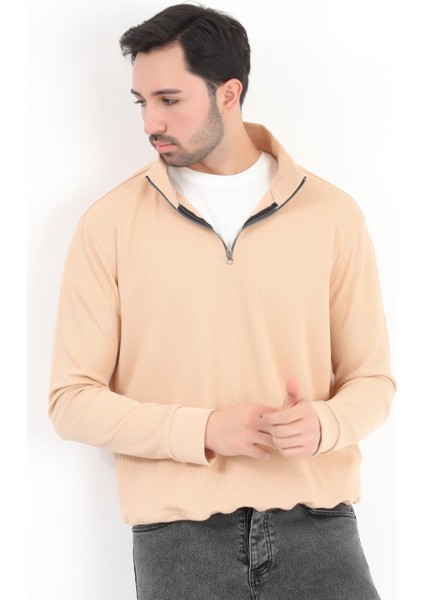 Erkek Bej Dik Yaka Yarım Fermuarlı Esnek Örme Regular Fit Sweatshirt - 16814 modelleri