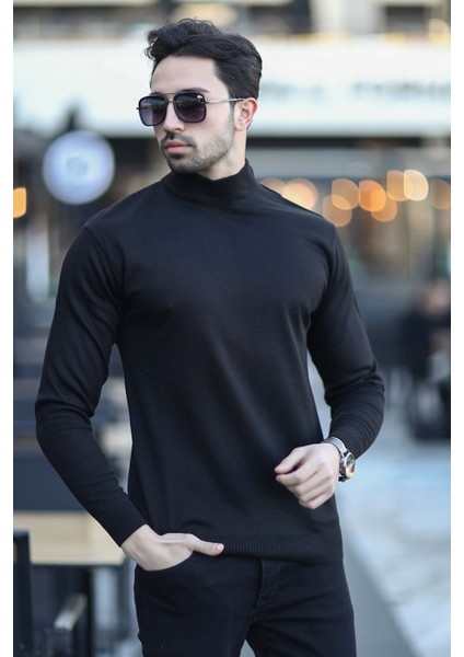 Erkek Yarım Balıkçı Yaka Yünlü Triko Kazak Siyah - YB-511