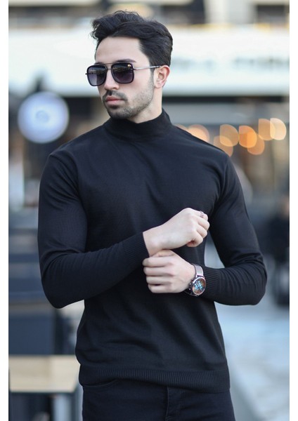 Erkek Yarım Balıkçı Yaka Yünlü Triko Kazak Siyah - YB-511 modelleri