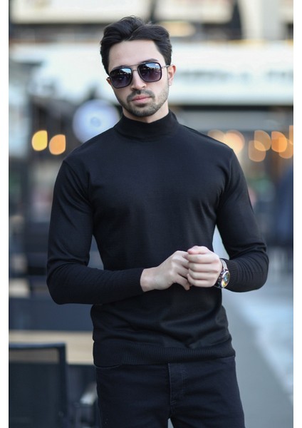 Erkek Yarım Balıkçı Yaka Yünlü Triko Kazak Siyah - YB-511 indirimleri