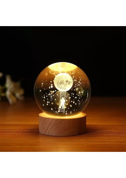 Büro Ev Ofis Hediyesi Için 6 cm Astronot Stil Ahşap Standlı Işıklı Cam Küre