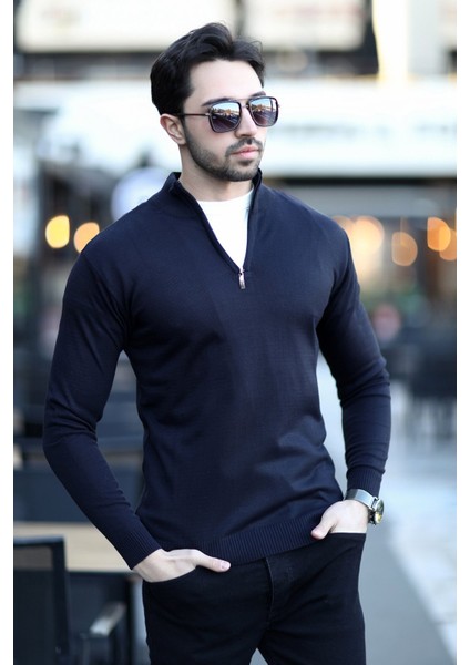 Erkek Dik Yaka Yarım Fermuarlı Triko Kazak Lacivert - 517