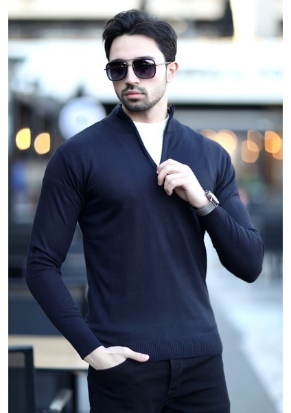 Erkek Dik Yaka Yarım Fermuarlı Triko Kazak Lacivert - 517 fiyatları